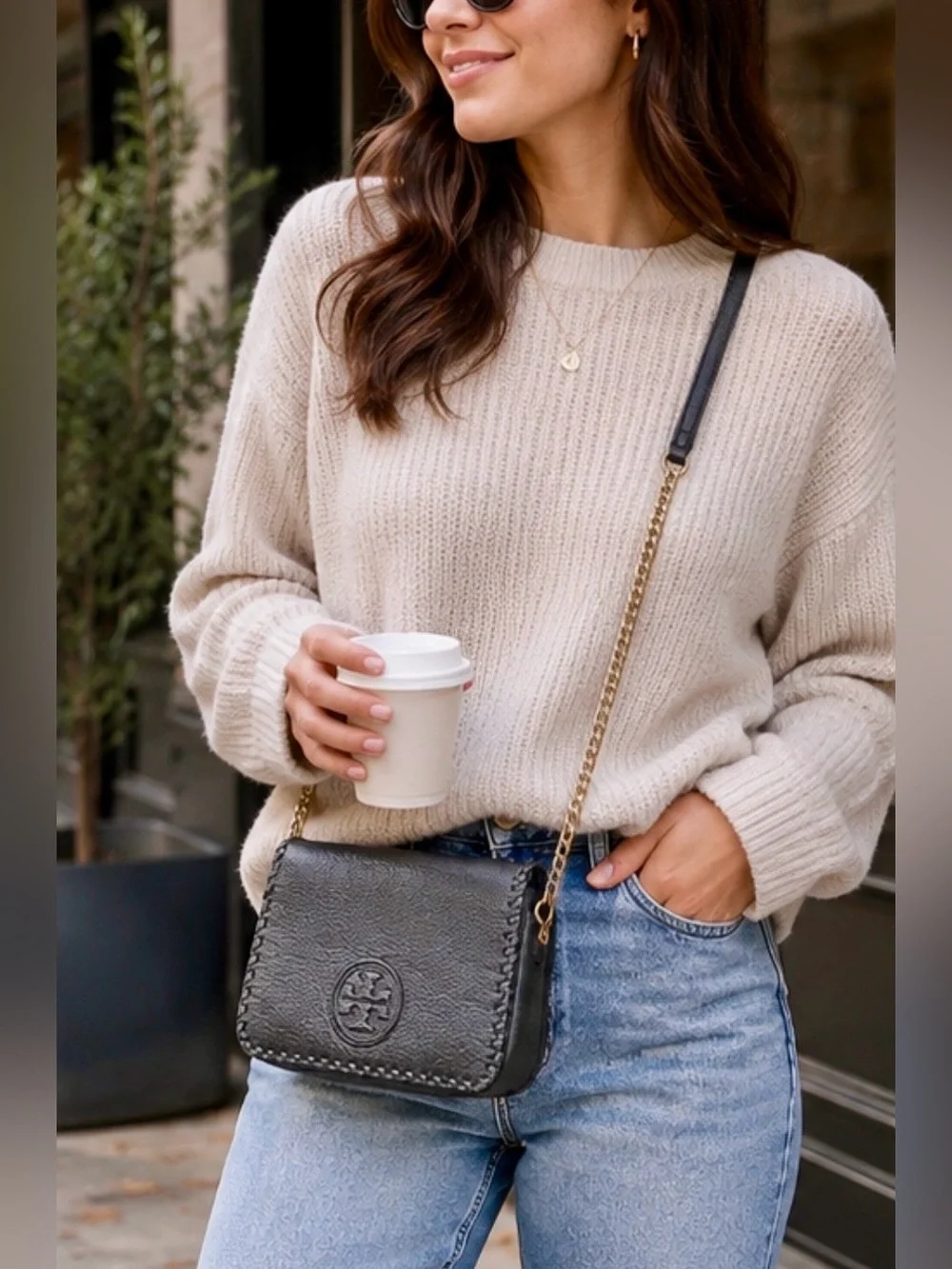 Tory Burch Black Leather Crossbody Bag with Braided Trim & Gold Chain